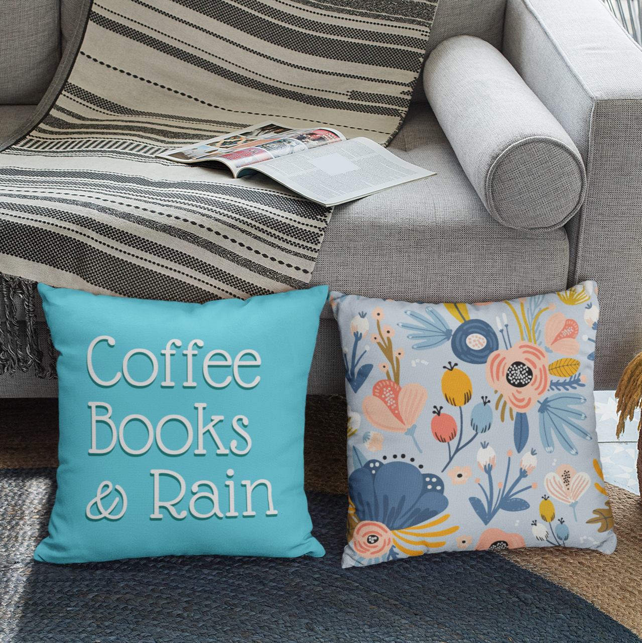 Set of 2 : Coffee Books & Rain and Floral